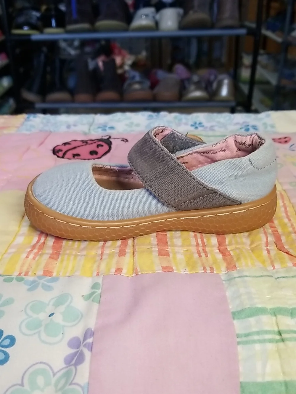 Livie & Luca Light Blue Canvas Mary Janes w/Gray Strap & Wood Buttons 5 Carta